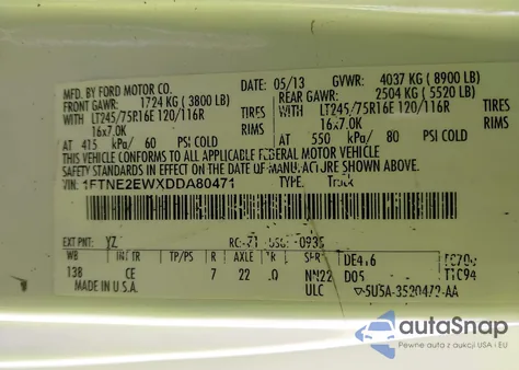 2013 Ford E-250 Commercial z USA, uszkodzony, nr VIN 1FTNE2EWXDDA80471